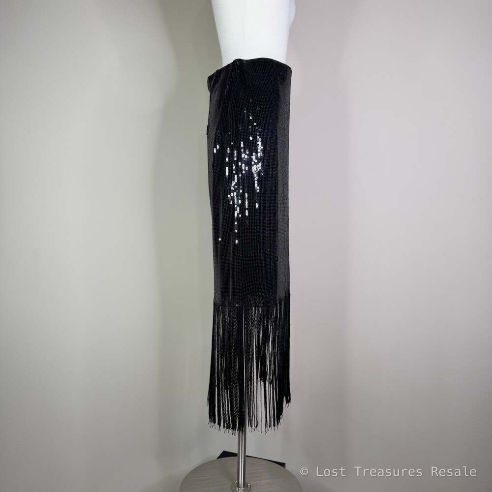Muse | Black Sequin Fringe Pencil Midi Skirt Party Cocktail Glam Rocker US 4 - Picture 4 of 8